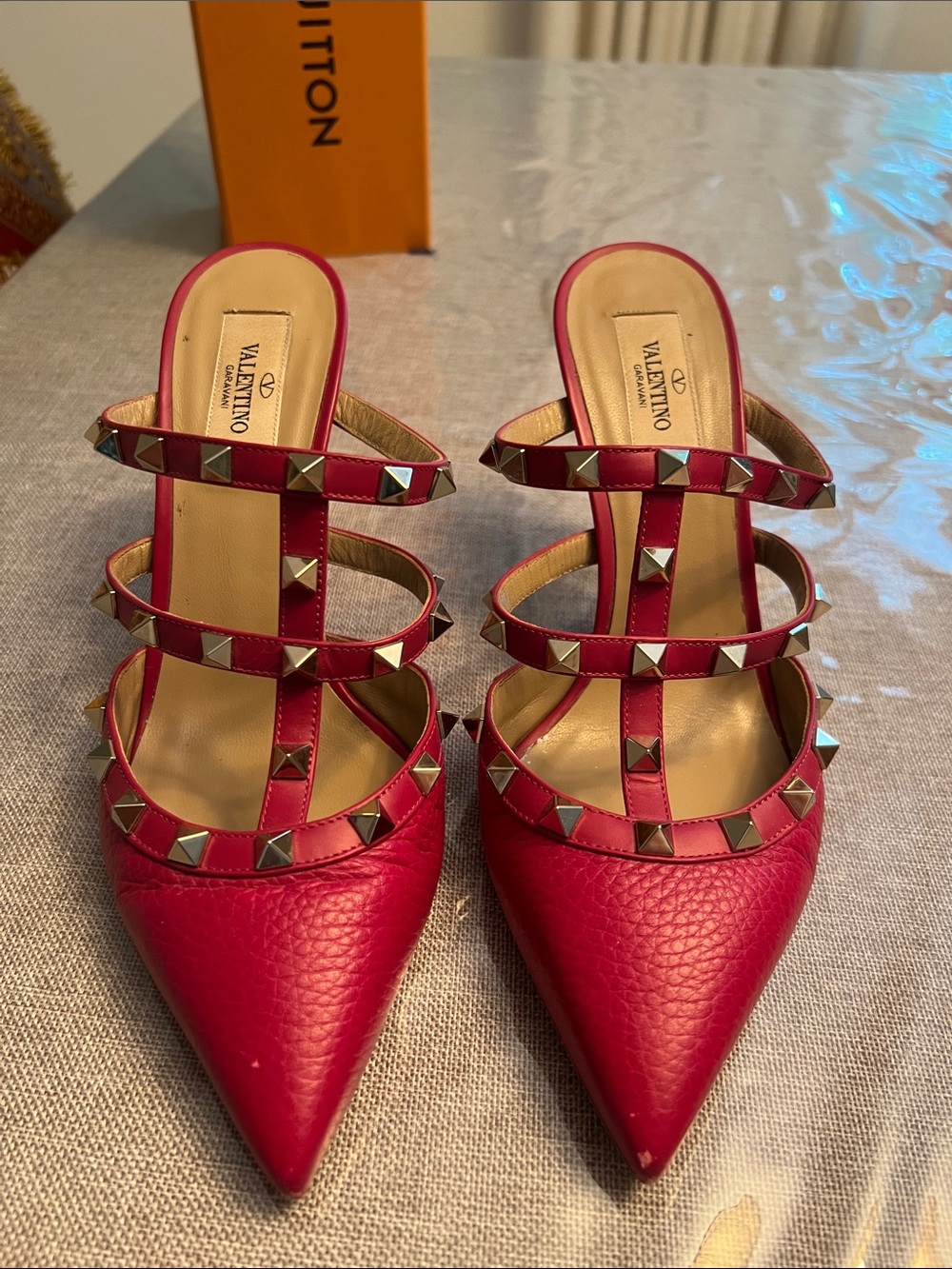 Valentino Red Leather Rockstud Strappy Pointed Mules - Picture 2 of 5